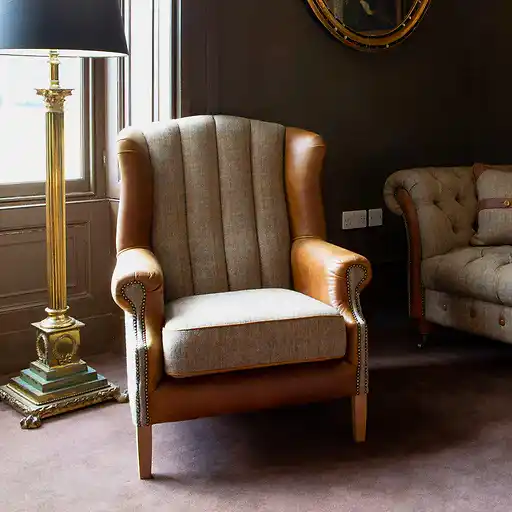 Harris Tweed & Vintage Leather Fluted Wingback Armchair - The Furniture Mega Store 