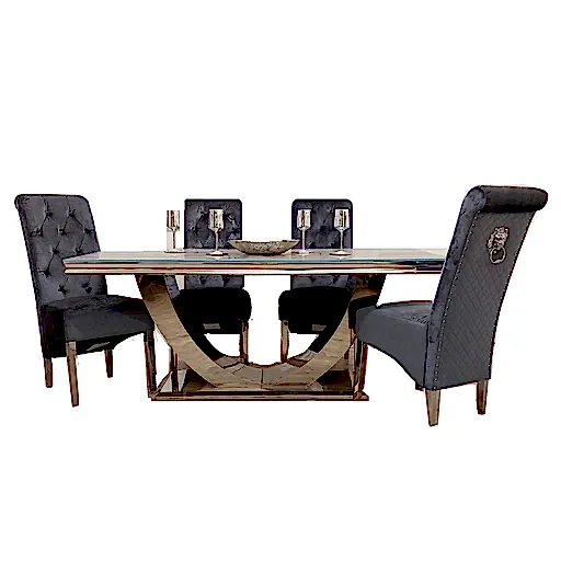 Ariel 1.8 Marble Dining Table & Sofia Velvet Lion Knocker Dining Chairs - Set - The Furniture Mega Store