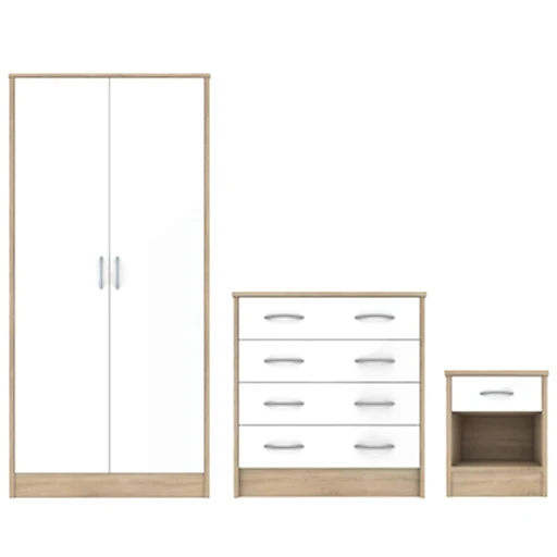 White Gloss & Oak - Wardrobe, Chest Drawers & Bedside - Bedroom Set - The Furniture Mega Store 