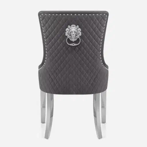 Mayfair Round 1.3 White Marble Top Dining Table & 4 Bentley Dark Grey Lion Knocker Back Dining Chairs - The Furniture Mega Store 