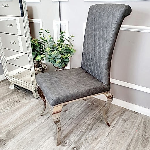 Louis Dark Grey Cross Stitch Leather Curved Leg Dining Chairs - Set Of 2 - The Furniture Mega Store 