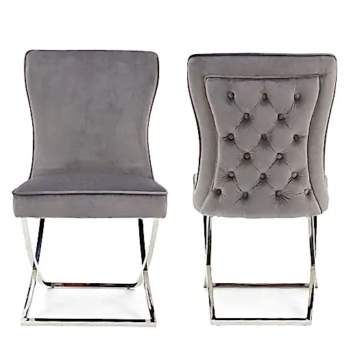 Chelsea 2m Light Grey Marble Dining Table & 6 Knightsbridge Grey Velvet Cross Leg Dining Chairs - The Furniture Mega Store