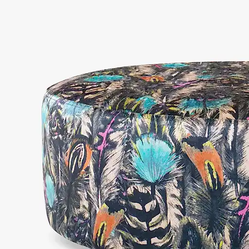 Feathers Jewel Fabric Large Round Accent Footstool - The Furniture Mega Store 