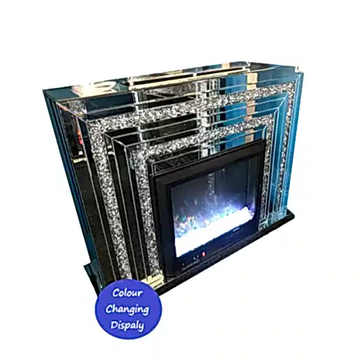 Crushed Diamond Mirrored Fire Surround With Integrated Colour Changing Electric Fire - The Furniture Mega Store 