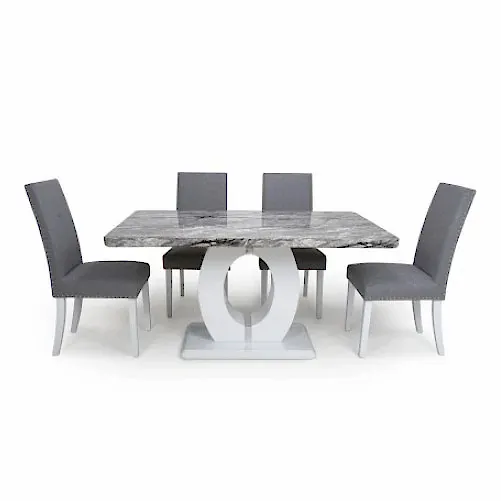 Medium Marble Top High Gloss Grey & White Dining Table & 4 Linen Silver-Grey Dining Chairs - The Furniture Mega Store