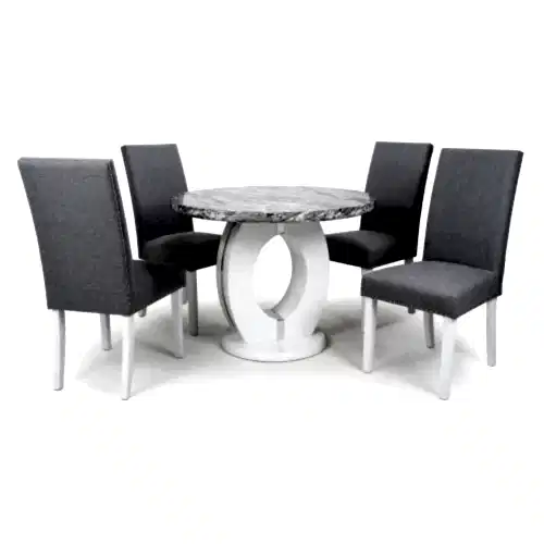 Neptune Round White Dining Table & 4 Grey Linen Dining Chairs Set - The Furniture Mega Store