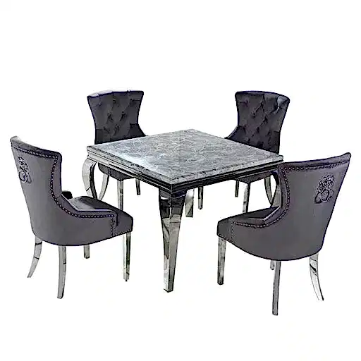 Louis Square Dark Grey Marble & Polished Steel Dining Table & 4 Chelsea Lion Head Dark Grey Velvet Dining Chairs - The Furniture Mega Store