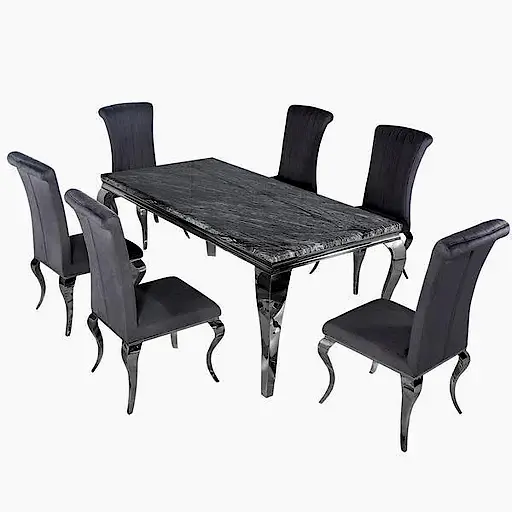 Louis 160cm Dark Grey Marble Dining Table & 6 Louis Grey Velvet Dining Chairs - The Furniture Mega Store