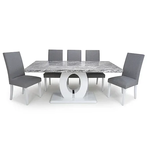 Large Marble Top High Gloss Grey & White Dining Table & 6 Linen Effect Silver Grey Dining Chairs - The Furniture Mega Store