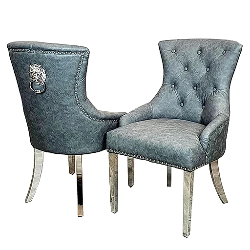 Chelsea Leather Lion Knocker Back & Steel leg Dining Chairs - Set Of 2 - Choice Of Colours - The Furniture Mega Store