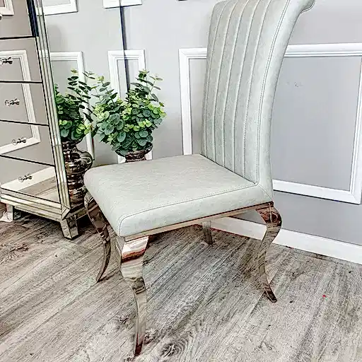 Louis Light Grey Line Stitch Leather Curved Leg Dining Chairs - Set Of 2 - The Furniture Mega Store 