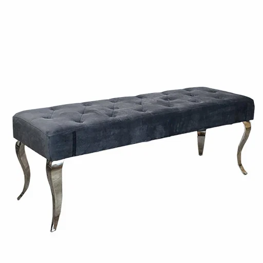 Louis Dark Grey Velvet Dining Bench & Curved Chrome Legs - 130cm - The Furniture Mega Store 