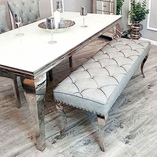 Louis Light Grey Leather Dining Bench & Curved Chrome Legs - 130cm - The Furniture Mega Store 