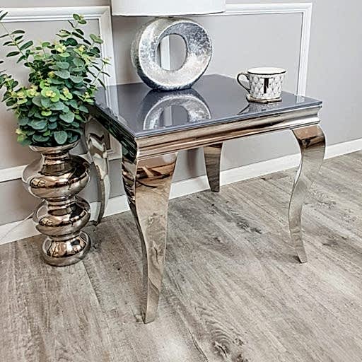 Louis Grey Glass & Polished Steel Lamp Table - The Furniture Mega Store 
