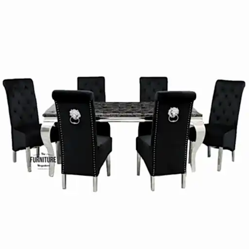 Louis 1.8 Black Marble Dining Table & 6 Sofia Velvet Lion Knocker Dining Chairs - The Furniture Mega Store
