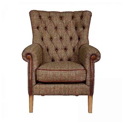 Hexham Chesterfield Wing Chair - Harris Tweed & Vintage Leather - The Furniture Mega Store