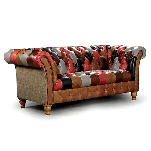 Alderley Vintage Leather & Harris Tweed Patchwork Chesterfield Sofa - The Furniture Mega Store