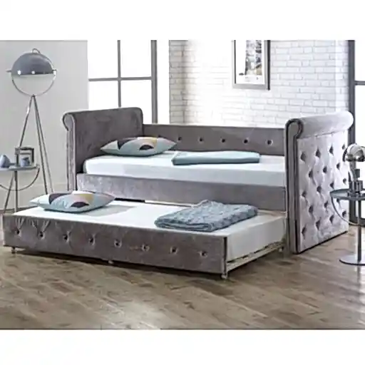 Silver Velvet Fabric Day Bed With Trundle - The Furniture Mega Store