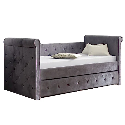 Silver Velvet Fabric Day Bed With Trundle - The Furniture Mega Store
