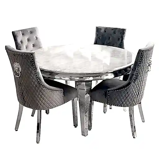 Mayfair Round 1.3 White Marble Top Dining Table & 4 Bentley Dark Grey Lion Knocker Back Dining Chairs - The Furniture Mega Store 