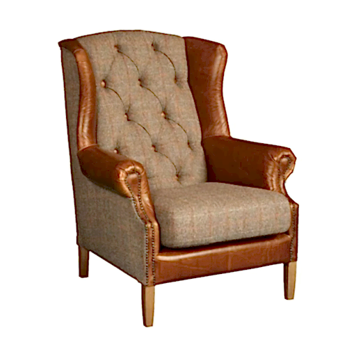 Barney Buttoned Wingback Armchair Hunting Lodge Harris Tweed & Vintage Brown Leather - The Furniture Mega Store